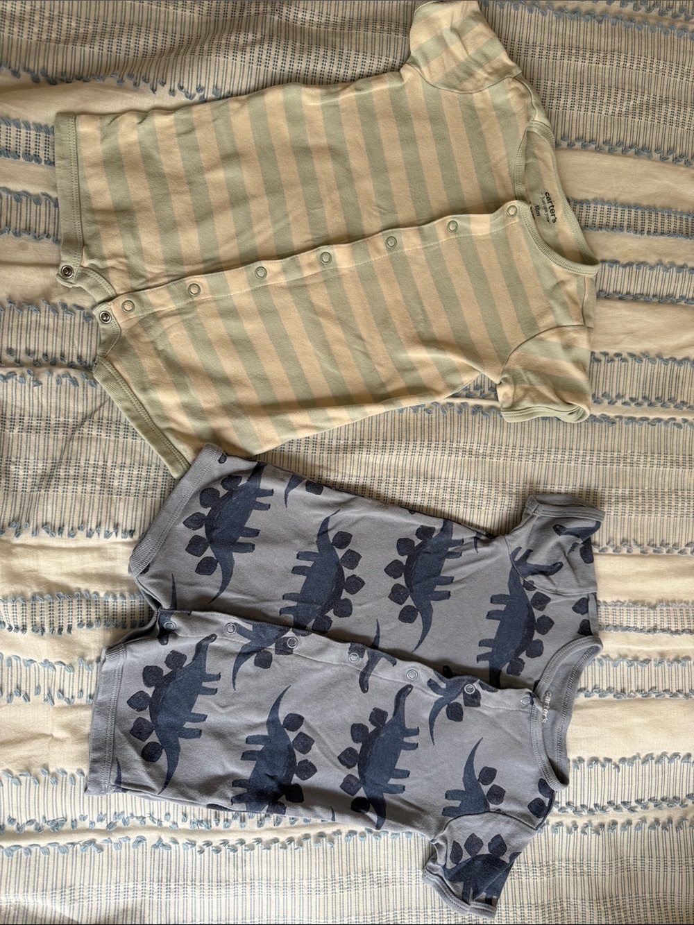 Carter's Green Stripe and Blue Dinosaur One-Piece Rompers